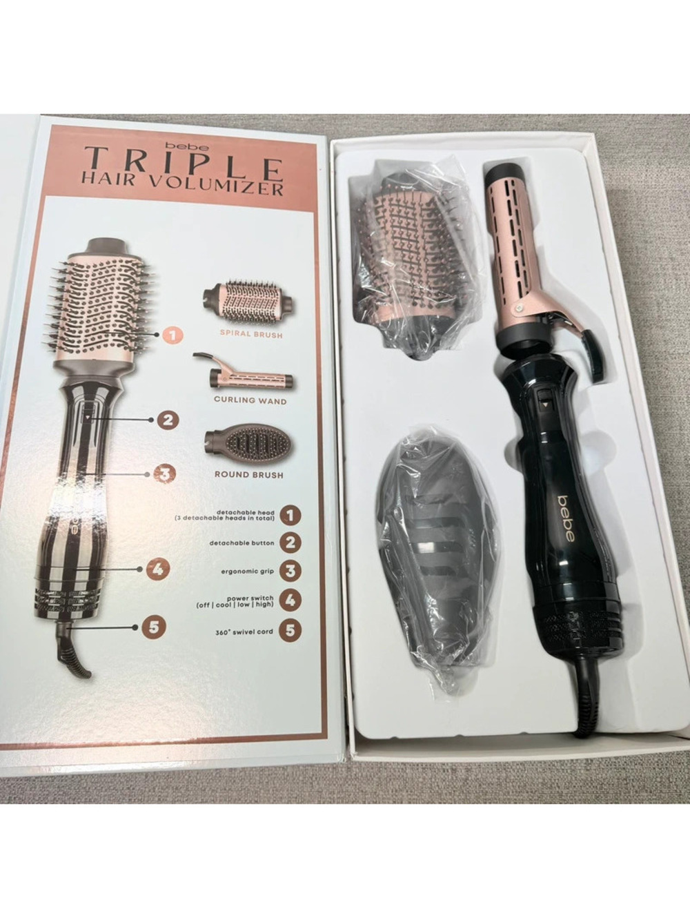 New Bebe Triple Hair Volumizer 3-in-1 Hot Air Brush Curling Wand 1000W